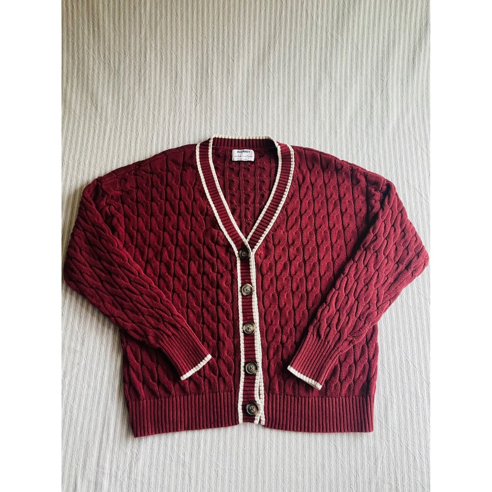 Old Navy Varsity Cable Knit Cardigan Clove Burgundy Red Cotton Sweater Small